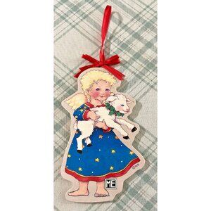 Mary Engelbreit angel & lamb flat wood vintage Christmas ornament red ribbon